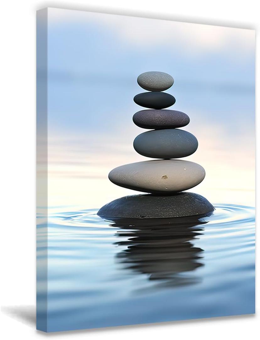 QIXIANG Zen Canvas Wall Art Zen Stone Painting Prints Spa Meditation Painting Artwork for Spa Yoga Room Bathroom Wall Decor Frame (16.00" x 24.00", Zen 1)