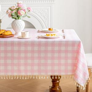Checkered Tablecloth Rectangle Cotton Linen Gingham Table Cloth with Tassel Washable Wrinkle Free Heavy Duty Buffalo Plaid Table Cover for Dining/Party/Picnic (Pink, 55" x 120" (Rectangular))