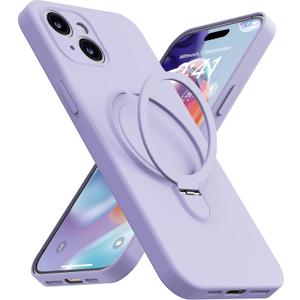 Magnetic Stand for iPhone 15, Liquid Silicone, [Compatible with MagSafe][Built-in Kickstand&Ring Holder] Anti-Scratch Soft Microfiber Lining, Light Purple