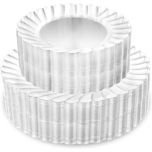 YOUBET 100PCS Clear Scalloped Plastic Plates - Heavy Duty Clear Disposable Plates, Fancy Hard Scalloped Plates Include 50 Dinner Plate, 50 Dessert Plate, for Wedding & Party