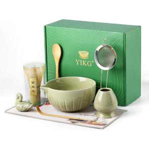 Matcha Kit - 8 Pcs Matcha Set Whisk and Bowl, Matchas Tea Set with Bamboo Whisk(Chasen), Mottled Green Matchas Kit for Macha Lover, Ideal Gift Christmas, Birthday, Anniversary (Mottled Green)