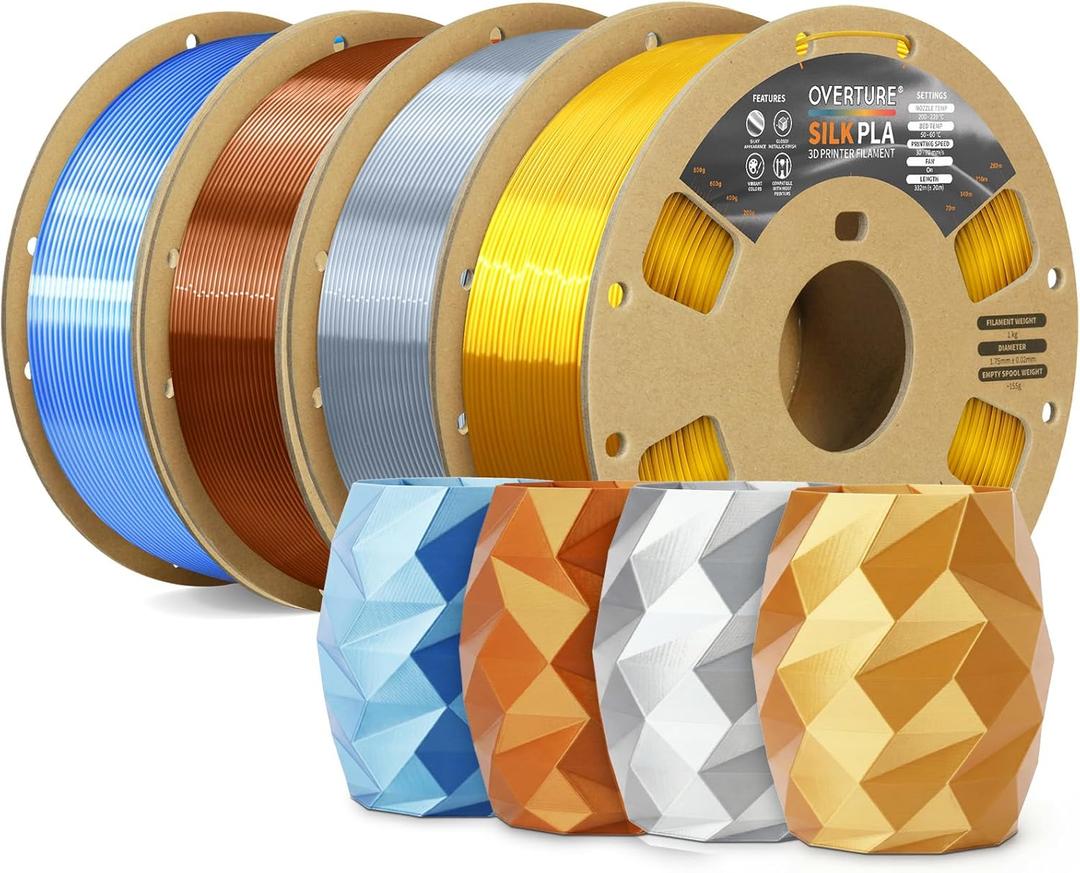 OVERTURE Silk PLA Filament Bundle, Clog-Free Shiny, Metallic Shine 3D Printer Filament, 1kg Spool * 4 Rolls(Silk Gold+Silk Silver+Silk Coppe+Silk Blue-Silver)