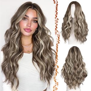 BARSDAR Ash Brown Long Wavy Wig - Middle Part Long Wavy Ash Brown Blonde Wig with Bangs for Women - 26 Inch Thick Soft Synthetic Natural Looking Daily Party Halloween Cosplay Highlight Wigs