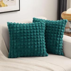 FUTEI Teal Decorative Throw Pillow Covers 18x18 Inch Set of 2, Square Cushion Case, Fluffy Faux Rabbit Fur Plaid & Soft Velvet Back, Modern Home Decor for Couch Bed