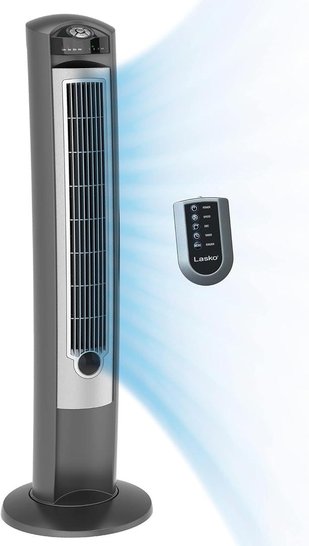 Wind Curve Tower Fan with Lonizer and Remote, with on-Board Storage Location, Auto Shut-Off Timer, Multi-Function Remote Control, Suitable for Bedroom, Living Room, Office, Etc, Black