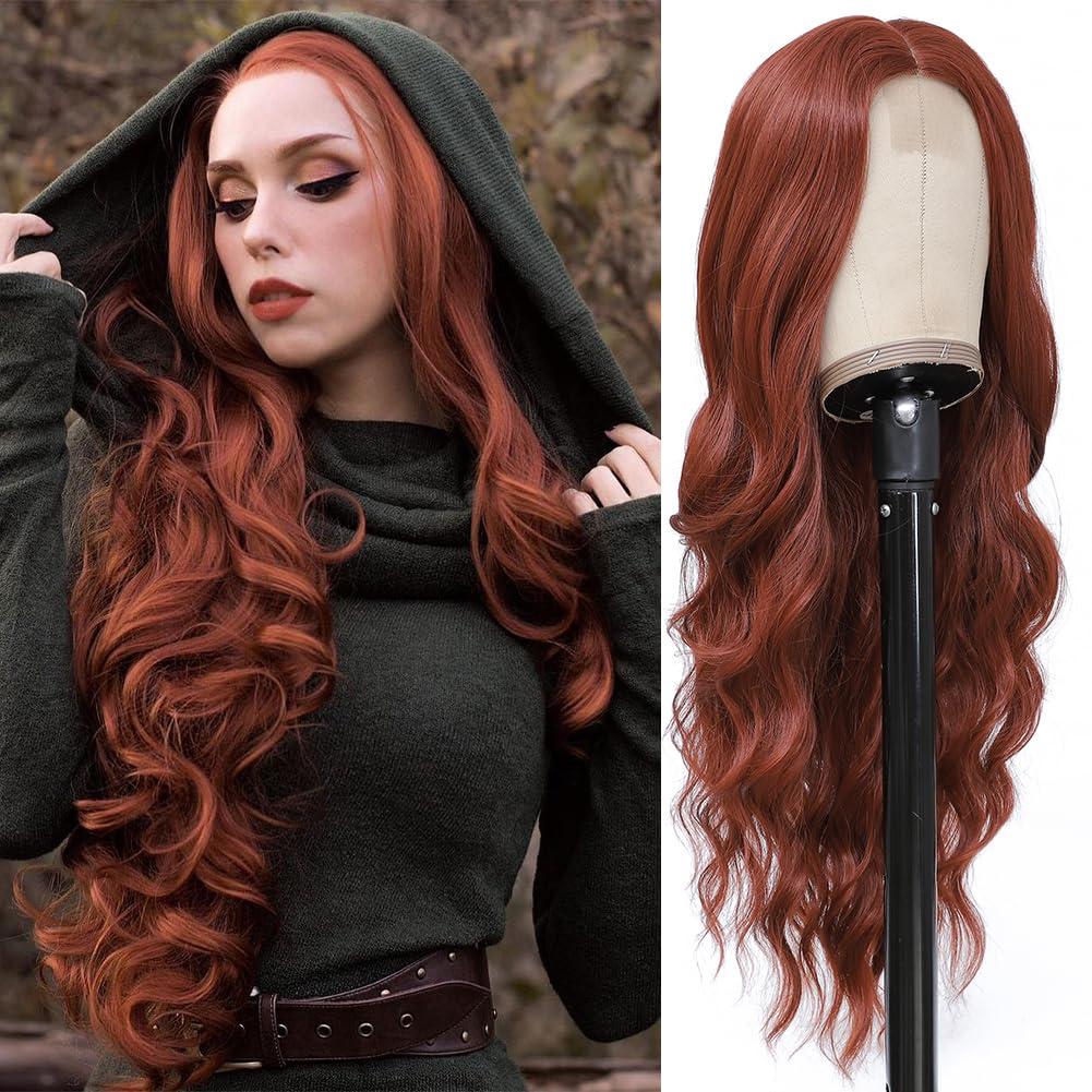 Colorful Queen Auburn Wig 26 Inch Long Wavy Copper Red Wigs for Women Middle Part Synthetic Party Wigs for Women Daily Use Cosplay Wigs