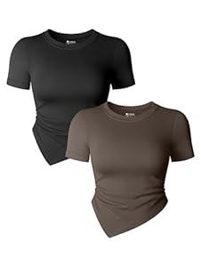 OQQ Women's 2 Piece Tops Short Sleeve Crew Neck Ruched Stretch Fitted Tee Shirts Tops Black Tea Leaf, Small