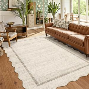 GarveeHome Scalloped Washable Rug 4x6, Beige Boho Living Room Area Rug, Bordered Non-Slip Farmhouse Bedroom Carpet Dorm Room Throw Rug, Low Pile Soft Accent Mat for Kitchen Entry Office 4'x6' Beige