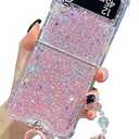 KERZZIL Cute Lanyard Compatible with Samsung Galaxy Z Flip 5 Case, Bling Glitter Powder Soft TPU Mil-Grade Shockproof Protective Cases Cover for Girls Women(Pink, Flip 5)