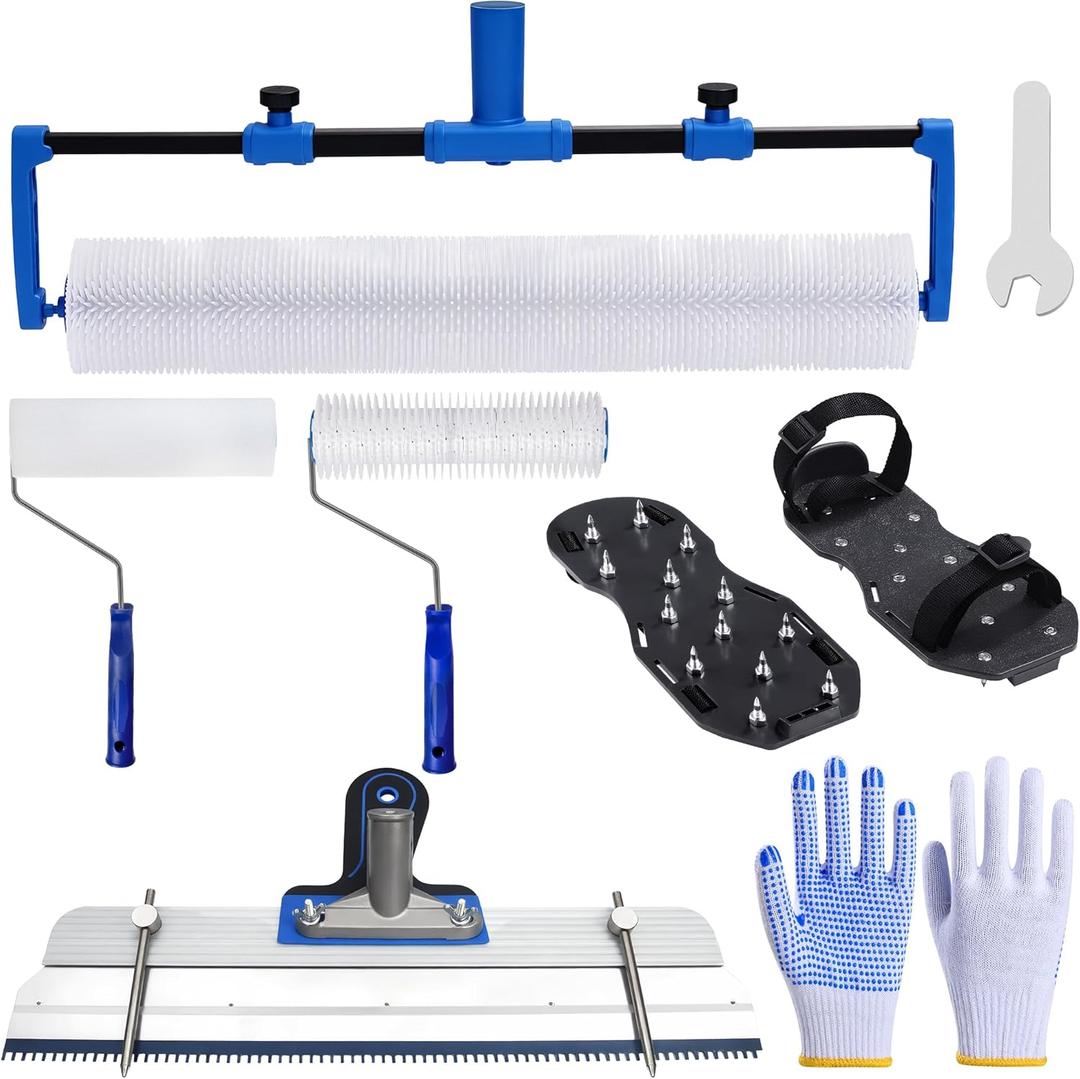 18-Inch Self-Leveling Cement Tool Kit, Upgraded Spike Roller Set with 9-Inch Spike Roller, Epoxy Shoes Spikes & Gloves, Floor Leveling Tools for Epoxy & Concrete Coating (5)