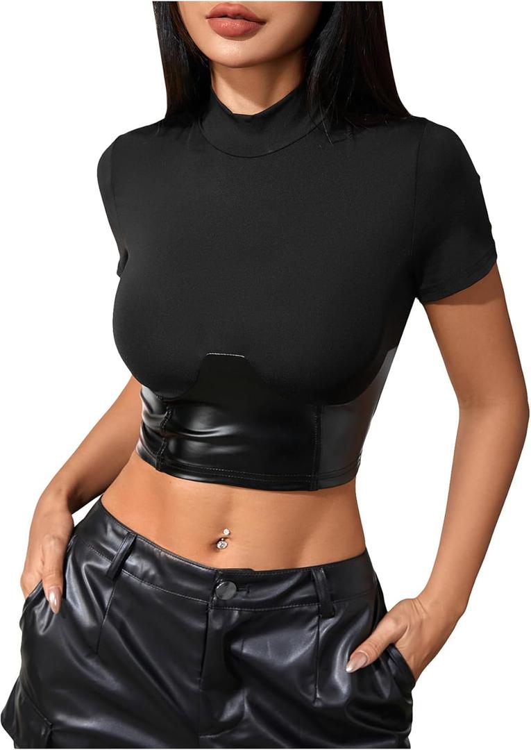 MakeMeChic Women's PU Leather Crop Top Short Sleeve Mock Neck Slim Fitted Y2k Party Going Out Tops (Large, Black)