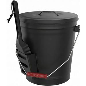 Ash Bucket - 4.75-Gallon Metal Bucket with Lid and Shovel for Fireplace or Firepit Ashes - Heat Resistant Fireplace Tools by Pure Garden (Black)