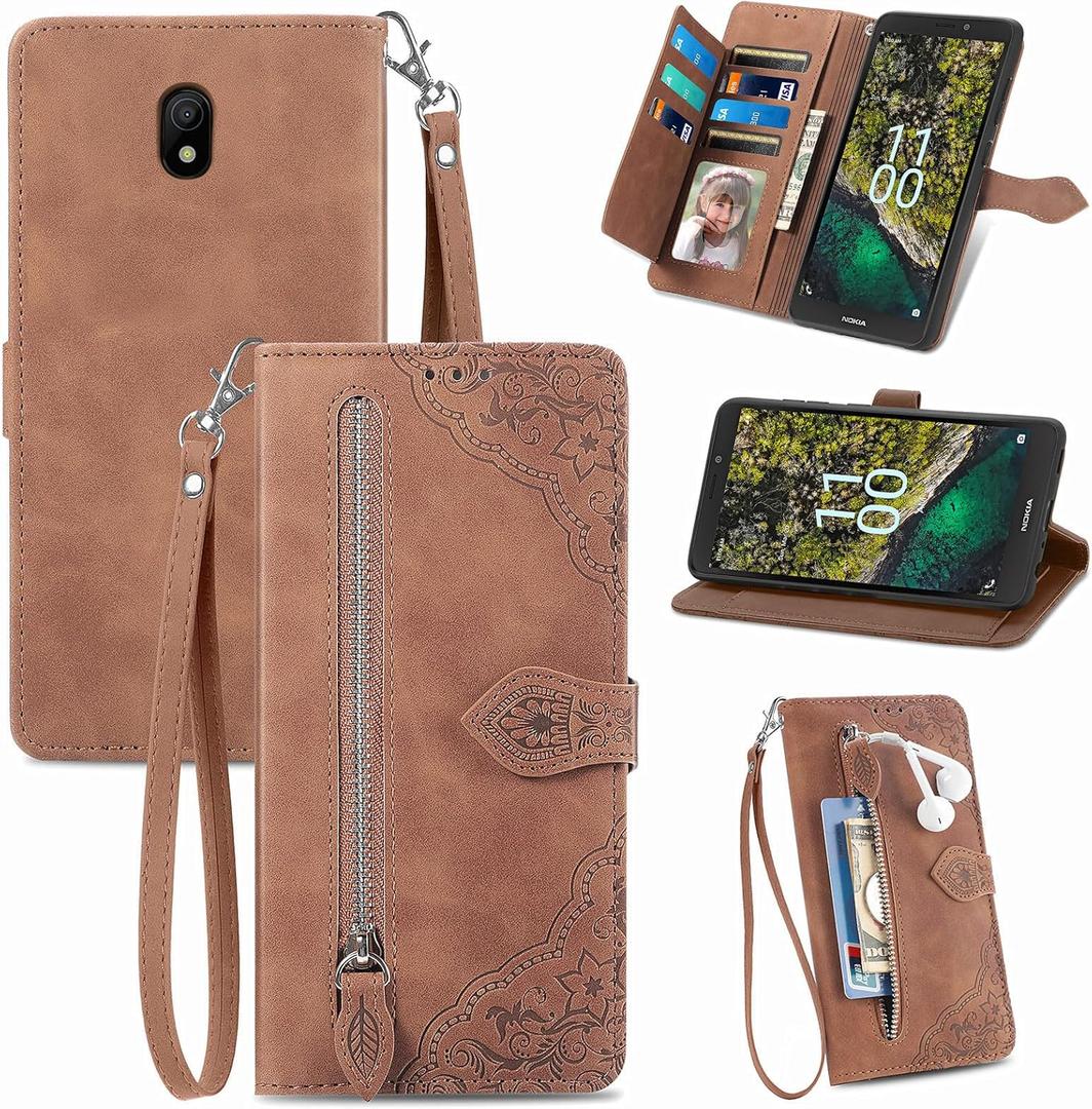 Compatible with Nokia C100 4G LTE N152DL Wallet Case with Wrist Strap Lanyard and Leather Flip Card Holder Stand Folio Purse Credit ID Phone Cover for C 100 100C 5.45 2022 TA1484 Women Brown