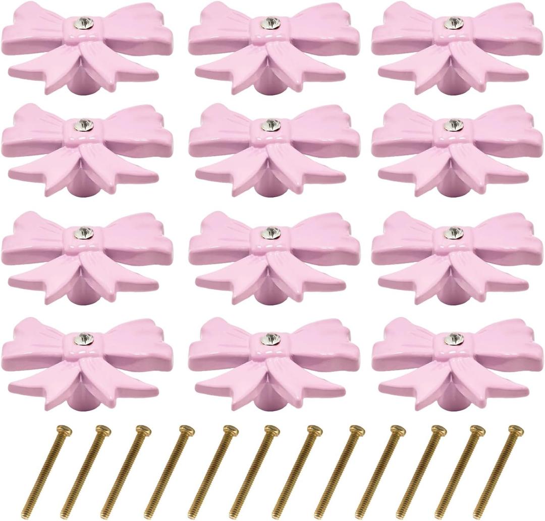 12pcs Pink Bow Cabinet Knobs Zinc Alloy Single Hole Drawer Knobs Cabinets Hardware Pulls Decoration Dresser Handles for Nursery Girls Room Vanity Bedroom Home Desk Wardrobe