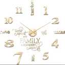 Junkin 3D Large Frameless DIY Wall Clock Modern Decor Family Quote Wall Stickers Clock Kit for Home Living Room Bedroom Office Decorations Adjustable Size(Gold)
