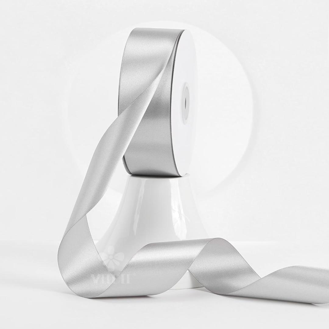 MEEDEE Silver Satin Ribbon 1-1/2 Inch Silver Ribbon Lux Satin Double Faced Satin Ribbon by 50 Yards Polyester Satin Ribbon for Crafts, DIY Crafts, Satin Weddings, Flower Bouquet, Holiday Decorating