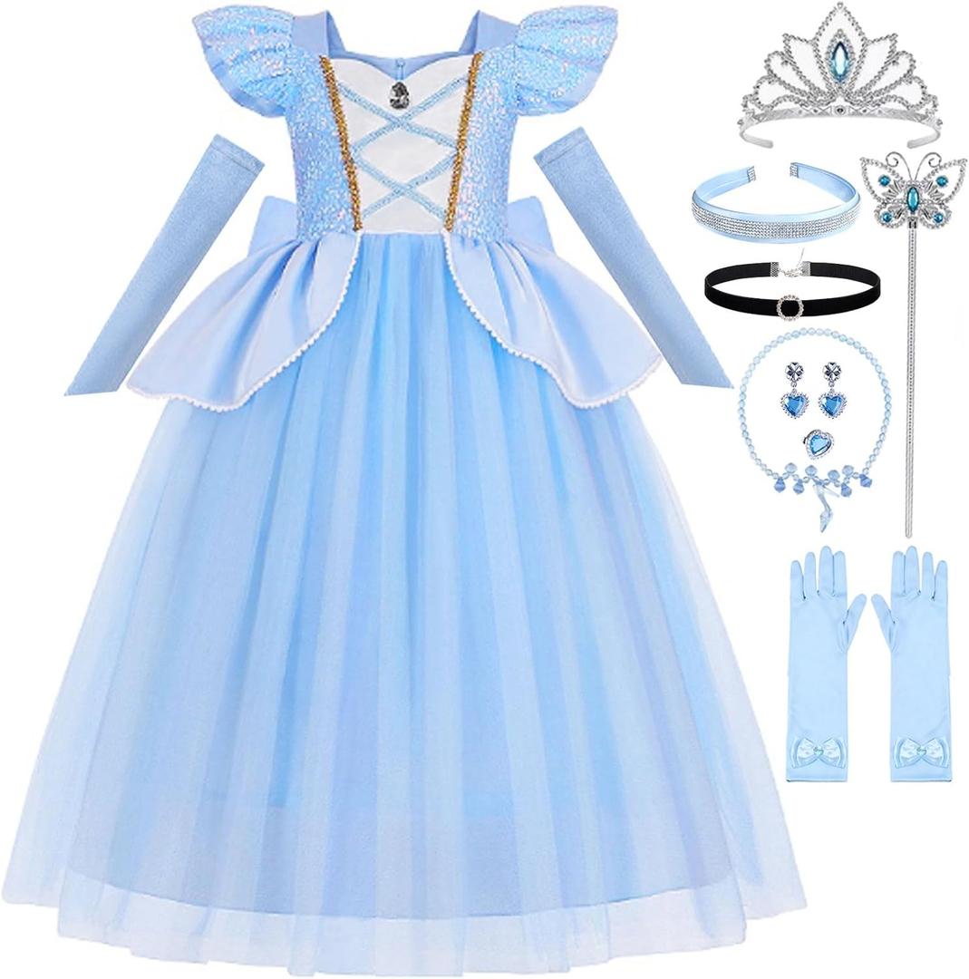 Cinderella Costume for Girls Kids Blue Princess Dress with Accessories Halloween Birthday Party Outfits (7-8Y)