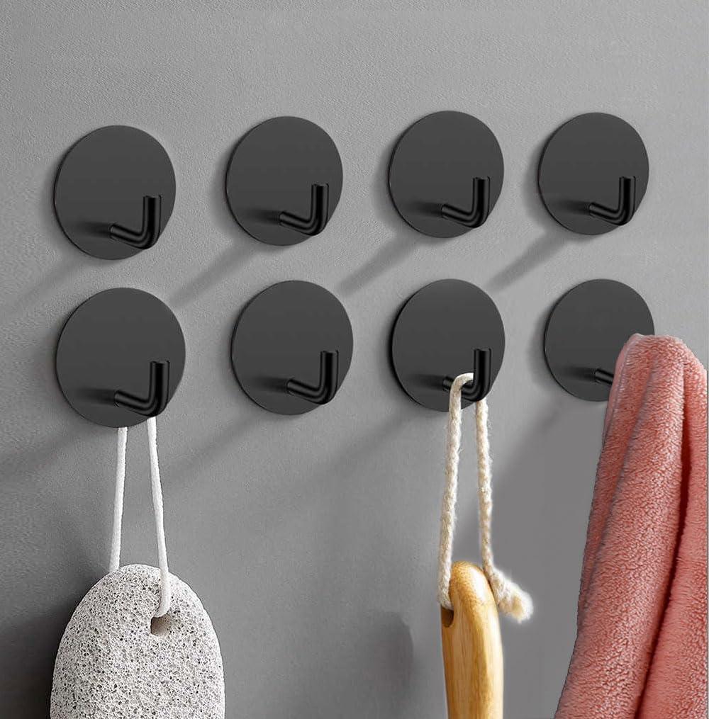 8 Pack Adhesive Towel Hooks for Bathroom, Stick on Hooks Bathroom Kitchen for Walls No Damage, Sticky Hook for Hanging Coat Robe, Black