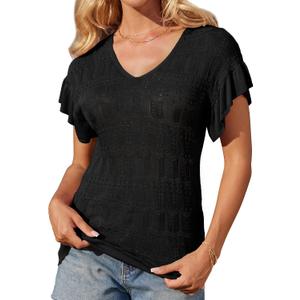 GRACE KARIN Women Hollow Out Crochet Knit V-Neck Sweater Ruffle Short Sleeve Casual Loose Fit Lightweight Summer Top (Large, Black)