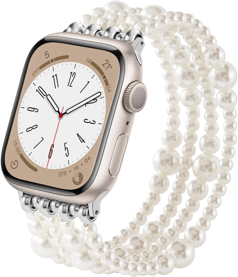 VISOOM Beaded Bracelet Compatible for Apple Watch Band 38/40/41/42mm Women- Apple iWatch Series 11 10 9 8 7 SE 6 5 4 3 2 1 Bands Dressy Fashion Cute Handmade Stretchy IWatch 10 42mm Strap Band (C-Pearl-White)