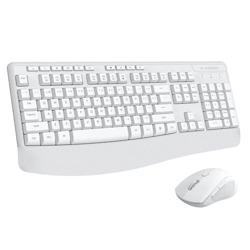 Wireless Keyboard and Mouse Combo, E-YOOSO 2.4GHz Full Sized Ergonomic Wireless Keyboard with Wrist Rest, 3 DPI Adjustable and 6 Buttons Cordless USB Mouse for Computer, Laptop, PC, Windows (White)