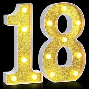 Treela 8.7'' Birthday Decorative LED Light up Numbers, Glitter Marquee Number Sign for Night Birthday Party Decorations Anniversary Bar LED Sign Backdrop Wall Table Centerpieces(18th,Gold)