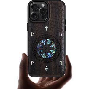 Carveit Magnetic Case for iPhone 16 Pro Max Case, Wood Artisan Engraved & Handmade Shell Inlaid, TPU Shockproof Cover, Compatible with MagSafe Wireless Chargers (Viking) Blackwood