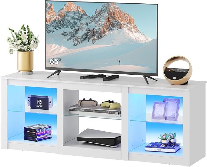 WLIVE LED TV Stand for 65-Inch TV, 58-Inch Entertainment Center with Adjustable Glass Shelves, Modern Media Console for Living Room & Bedroom, White