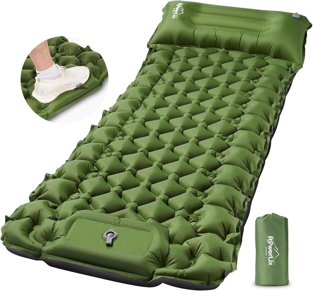 POWERLIX Camping Sleeping Pad with Built in Pillow, Ultralight Camping Mattress Airpad for Outdoor Backpacking Hiking Travelling, Compact Self Inflating Camping Mat, Foot Pump to Inflate (Single, Green)
