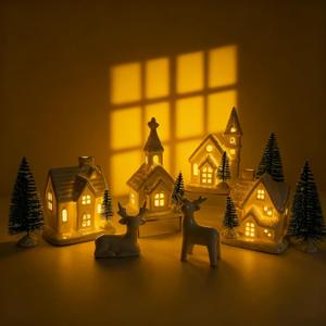 Christmas Village Sets- 13 Pieces Indoor Christmas Decorations, White Ceramic Village Houses Set of 4 with 7 Trees & 2 Deer, Mantel & Room & House Table Decor, Farmhouse Rustic Holiday Decor
