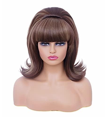 Rugelyss Short Brown Mixed Wig with Bang Retro Bouffant Beehive Wigs fits 80s Costume or Halloween Party