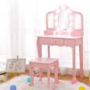 Garvee Kids Vanity with Lighted Mirror, Little Girls Vanity Table & Stool, Kids Makeup with Tri-Fold Mirror, Drawer & Storage Grid for 3-9 Yrs Girls, Pink