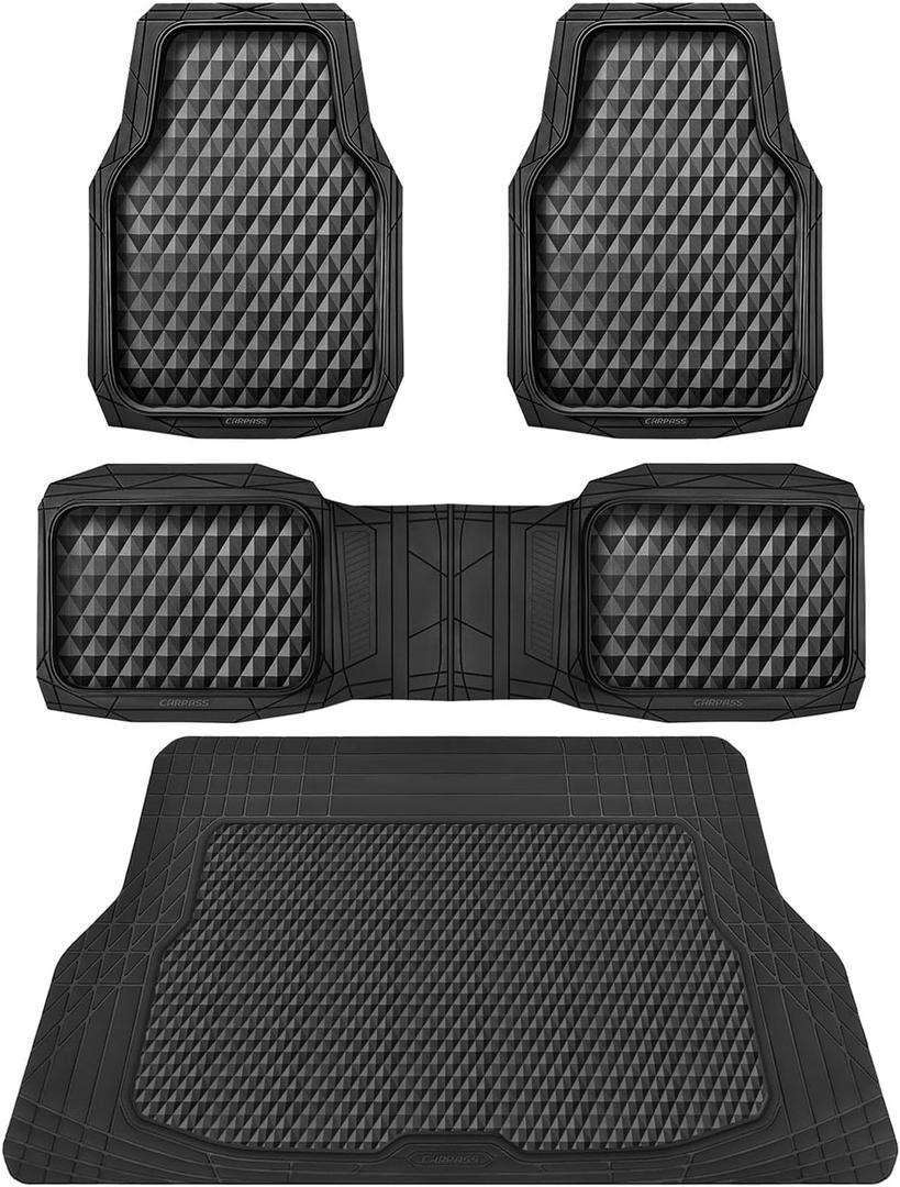 CAR PASS Heavy Duty Rubber Black Car Floor Mats & Cargo Liners, Deep Dish All-Weather Trunk Mats Durable Anti-Slip 3D Rhombus Waterproof Trim to Fit Liner Universal Fit Auto,Sedan,SUV,Truck, Black (Full Set, Black With Cargo Liners)