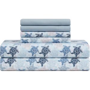 Caribbean Joe 6-Piece Sheet Set with Cooling Pillowcases, 12-inch Deep Pockets, Tropical Beach Coastal Design, Queen, Fanta Sea Blue