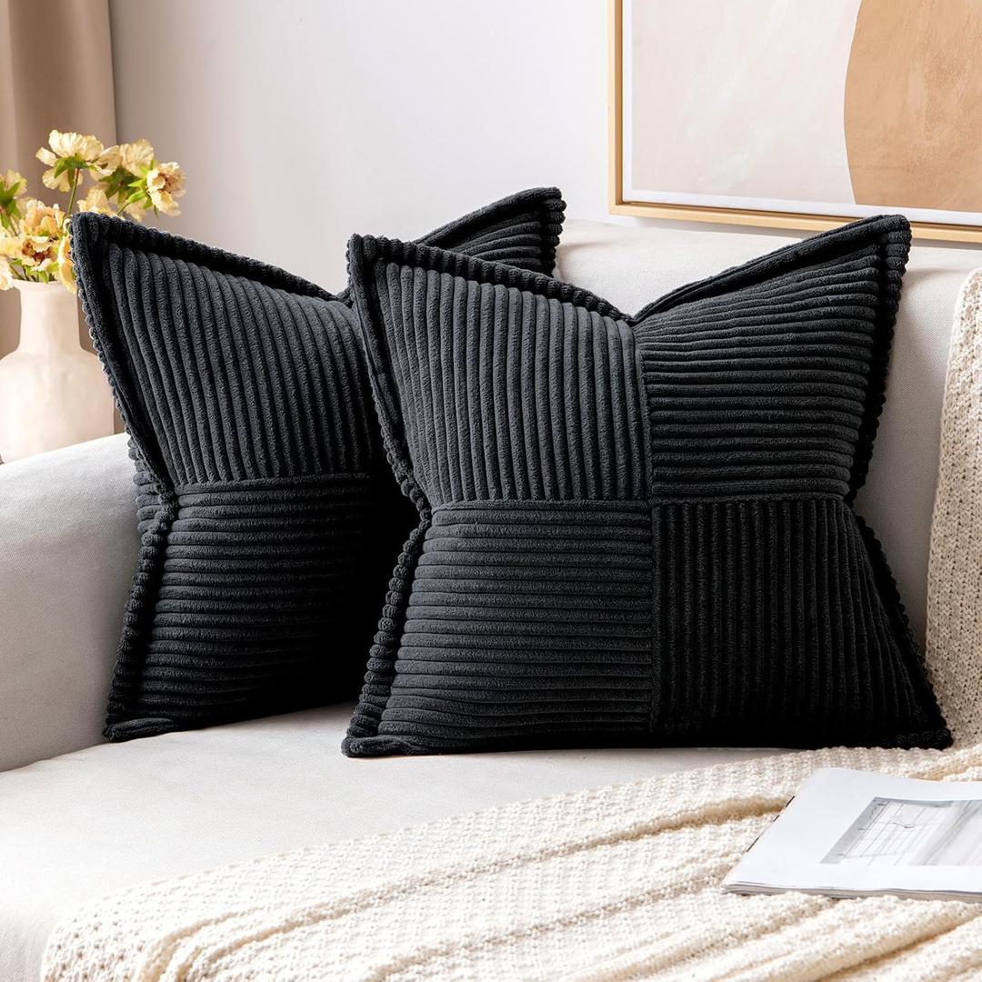 MIULEE Corduroy Pillow Covers with Splicing Set of 2 Super Soft Couch Pillow Covers Broadside Striped Decorative Textured Throw Pillows for Cushion Bed Livingroom 18 x 18 inch, Black (18" x 18" (Pack of 2))