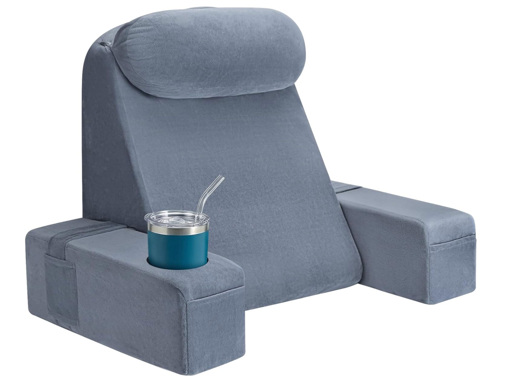 AS AWESLING 19 INCH Reading Pillow for Adults, Back Pillow for Bed Sitting Up, Backrest Pillow for Sitting in Bed, Detachable Arms with Built-in Cup & Phone Caddy (Gray, 19 INCH)