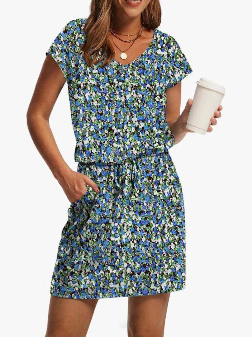 OFEEFAN Summer Dresses for Women 2026 V Neck T Shirt Casual Mini Dresses Tie Waist Sundresses with Pockets, M