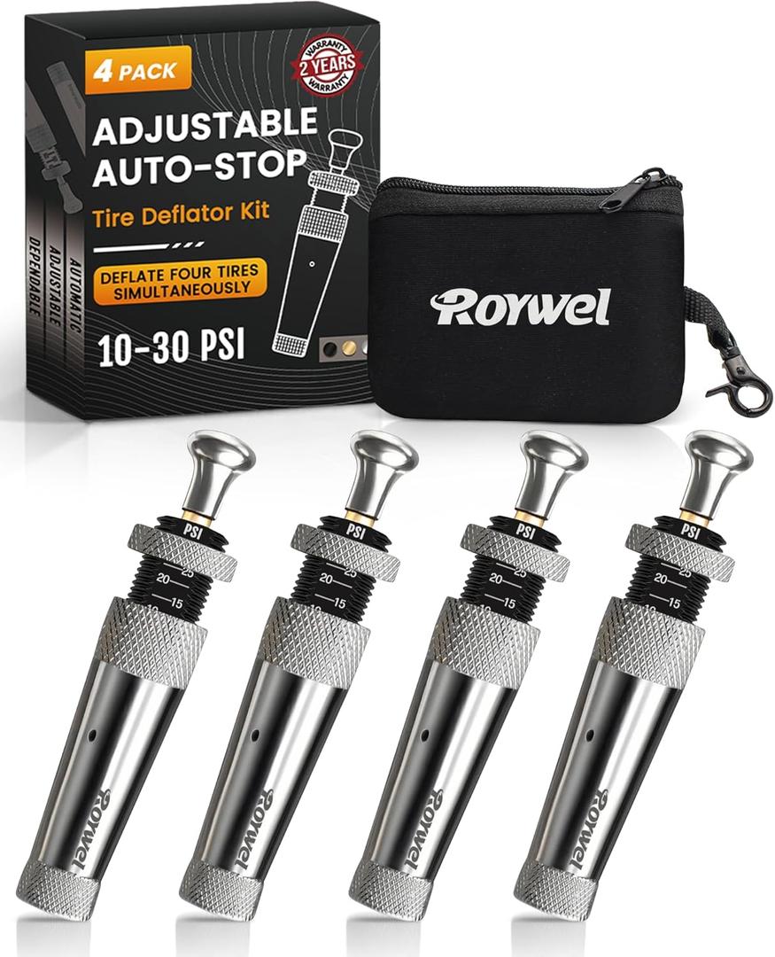 Adjustable Auto-Stop Tire Deflator kit 10-30PSI(4PCS/Set),Air Down Tire Deflators Offroad Accessories Suit for Cars.Trucks (Silver)