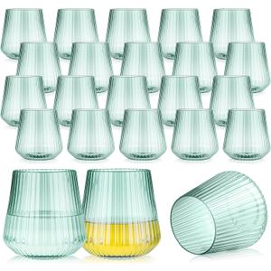 24 Pack Green Plastic Wine Cups, 14oz Disposable Stemless Ribbed Wine Glasses for Christmas, Unbreakable Outdoor Cocktail Glasses, Heavy Duty Reusable Drinking Cup for Thanksgiving Party Wedding