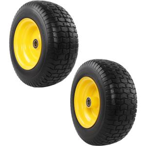 HQPASFY 16x6.50-8 Flat Free Tire and Wheel,Solid Rubber Front Lawn Mower Tires with Yellow Rim,1-Inch Bearing,3-Inch Offset Hub,riding lawn mower and garden tractor tire and wheel,2 Pack