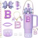 2 x 9PCS Bling Stanley Cup Accessories for 30oz & 40oz Tumbler with handle,Including Initials Charm,Leather Handle Strap,Straw Bow Decorate,Straw Topper,Boot,Spill Proof Stopper,Sticker(Purple B)