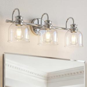 URSOLA 3 Lights 24" Bathroom Vanity Light Fixtures, Chrome Traditional Classic Vanity Light with Clear Glass, Bathroom Lighting Fixtures Over Mirror