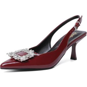 Women's Slingback Kitten Heels Closed Pointed Toe Dress Shoes with Rhinestone Wedding Party Pumps Patent Leather Dating Working (7.5, Burgundy Red)