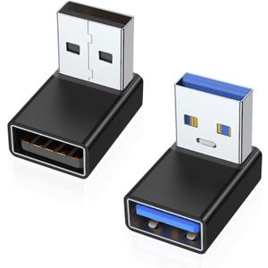 AreMe 90 Degree USB 3.0 Adapter 2 Pack, Up and Down Angle USB A Male to Female Converter Extender for PC, Laptop, USB A Charger, Power Bank and More (Black)