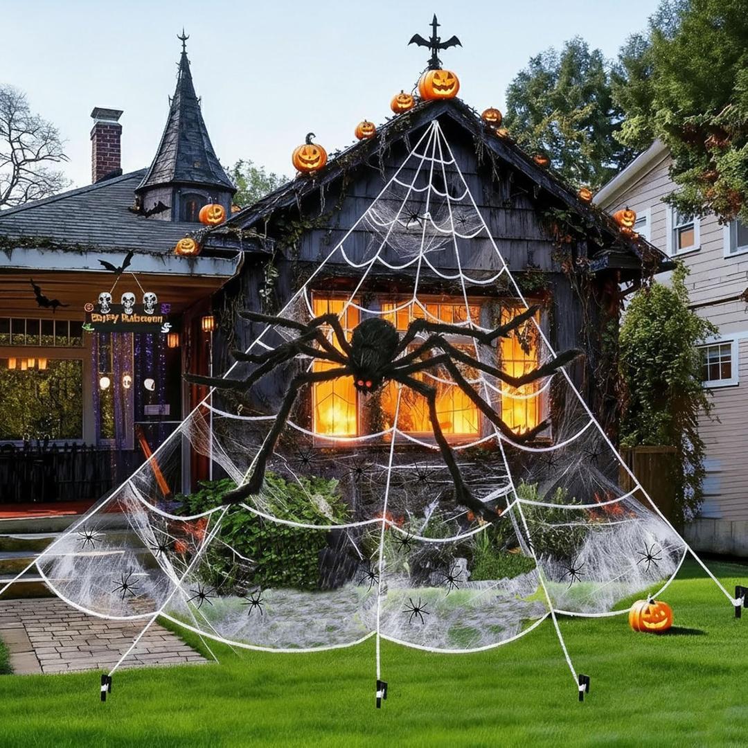 236'' Halloween Spider Web with 59" Giant Realistic Hairy Spider, Cobwebs & 20 Small Fake Spiders Halloween Decorations Indoor Outdoor Party Decor for Yard Patio Lawn Haunted House