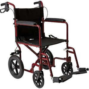 Medline Lightweight Foldable Transport Wheelchair with Handbrakes and 12-Inch Wheels, Red Frame, Black Upholstery