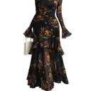 GothDark Womens Floral Maxi Dress Sheer Mesh Bell Sleeve Tiered Ruffle Gothic Romantic Casual Long Dresses Multicolor, Size M