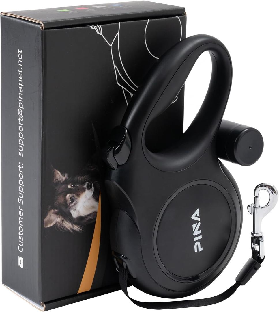 PINA Upgraded Retractable Dog Leash, 26 ft Dog Leash for Small Medium Large Dogs Up to 110lbs, Heavy Duty Reflective Nylon Tape 360 Tangle-Free, with Anti-Slip Handle, One-Handed Brake, Pause, Lock (Black)