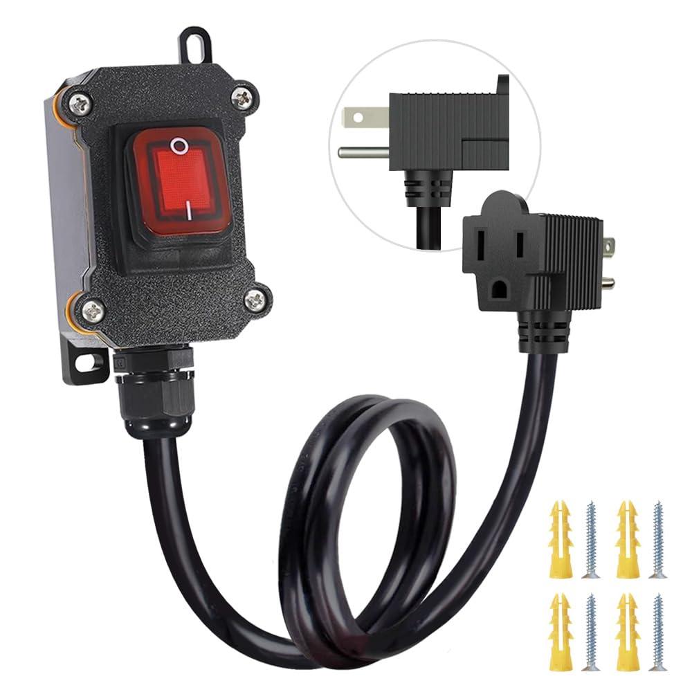 Inline Cord Switch with 3.3FT 14AWG Cable Piggyback Plug(3-Pronged), IP67 Waterproof Extension Cord with On/Off, AC/DC 20A-125V Inline Power Switch with Red LED Rocker Button