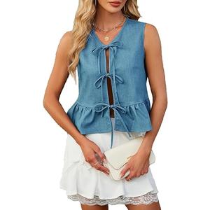 APRROOT Denim Vest Women Tie Front Jean Vest Top Sleeveless V Neck Casual Peplum Tops 2025 Y2K Trendy Summer Tank Tops Blue L